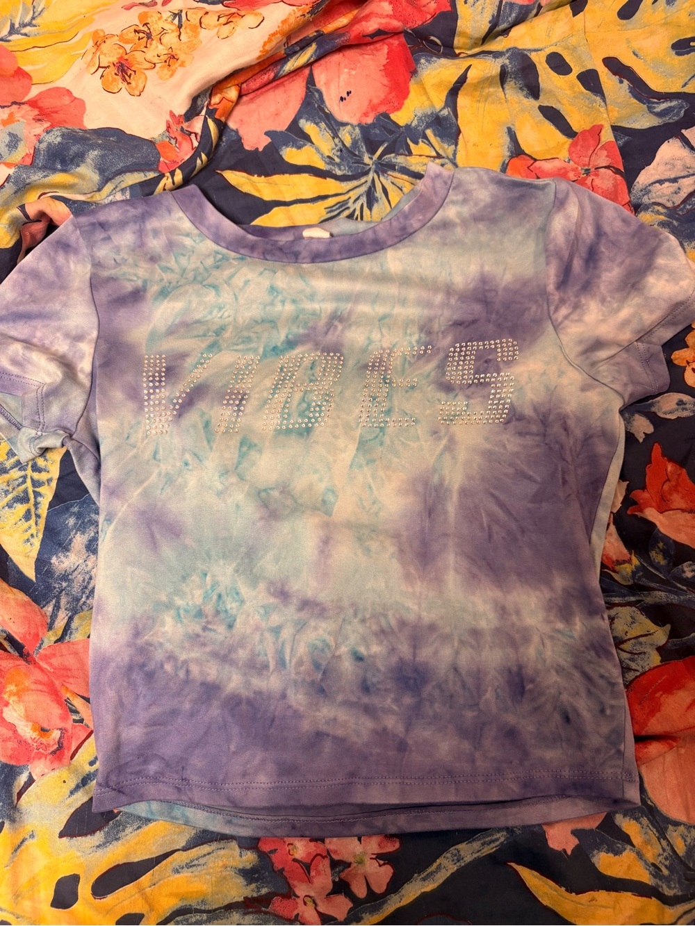 Streetwear Society | Rhinestone “VIBES” Tie-Dye Tee in Purple and Light Blue